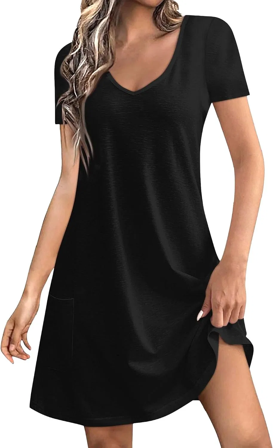 Женское летнее платье свободного кроя V-образным вырезом Tshirt Dress, Black