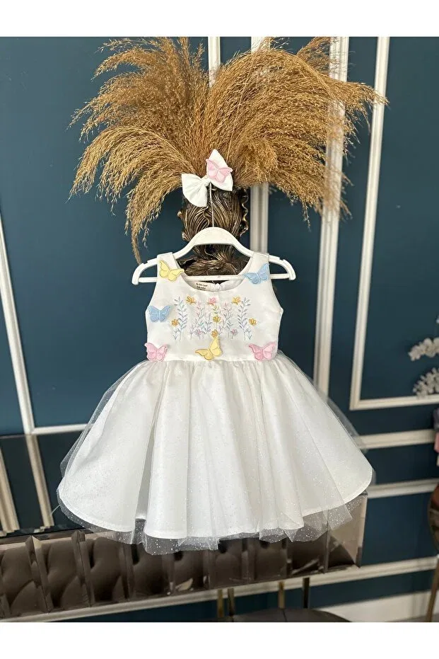 Детское платье для девочек с вышивкой Butterfly Fluffy Birthday Dress Dizaynbyasena, Ecru