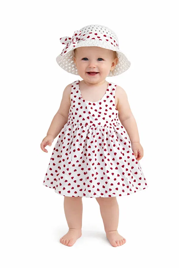 Детское платье для девочек с принтом Tatl baby girl heart patterned strap dress and hat set Chicsy Baby, Red