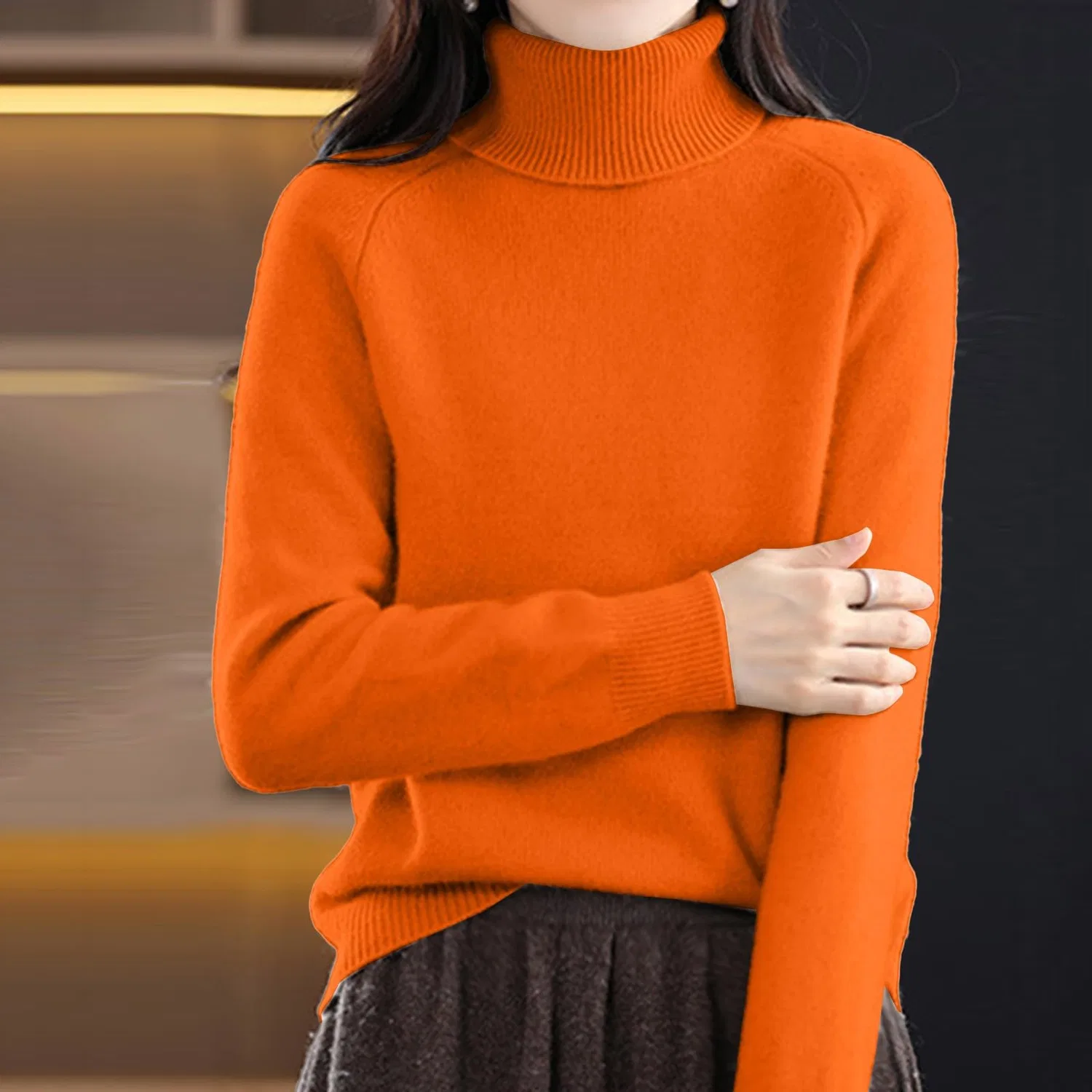 Женский свитер с длинным рукавом с высоким воротом, Orange — фото 3