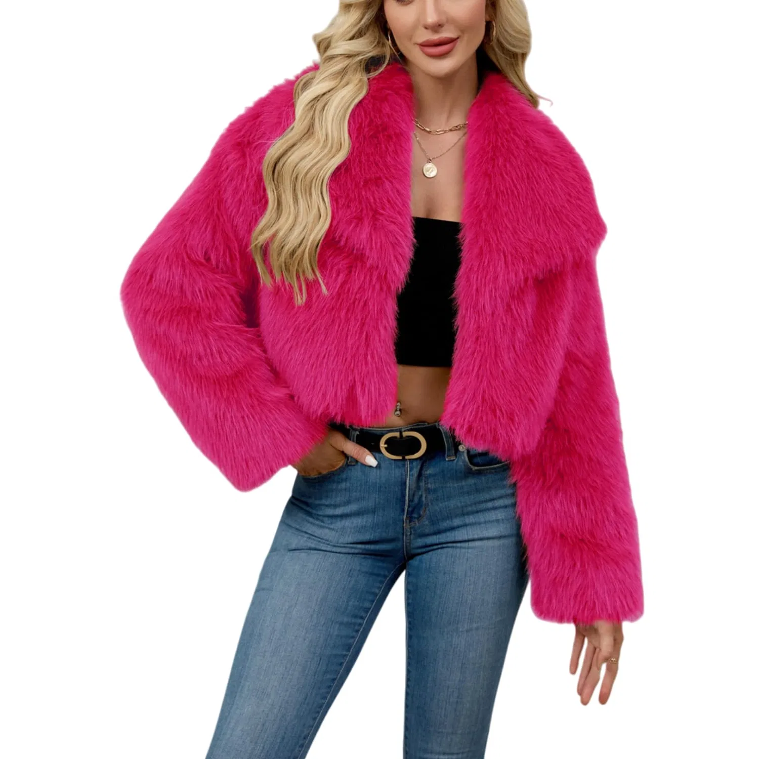 Женское пальто из искусственного меха с коротким воротником, Rosso rosato