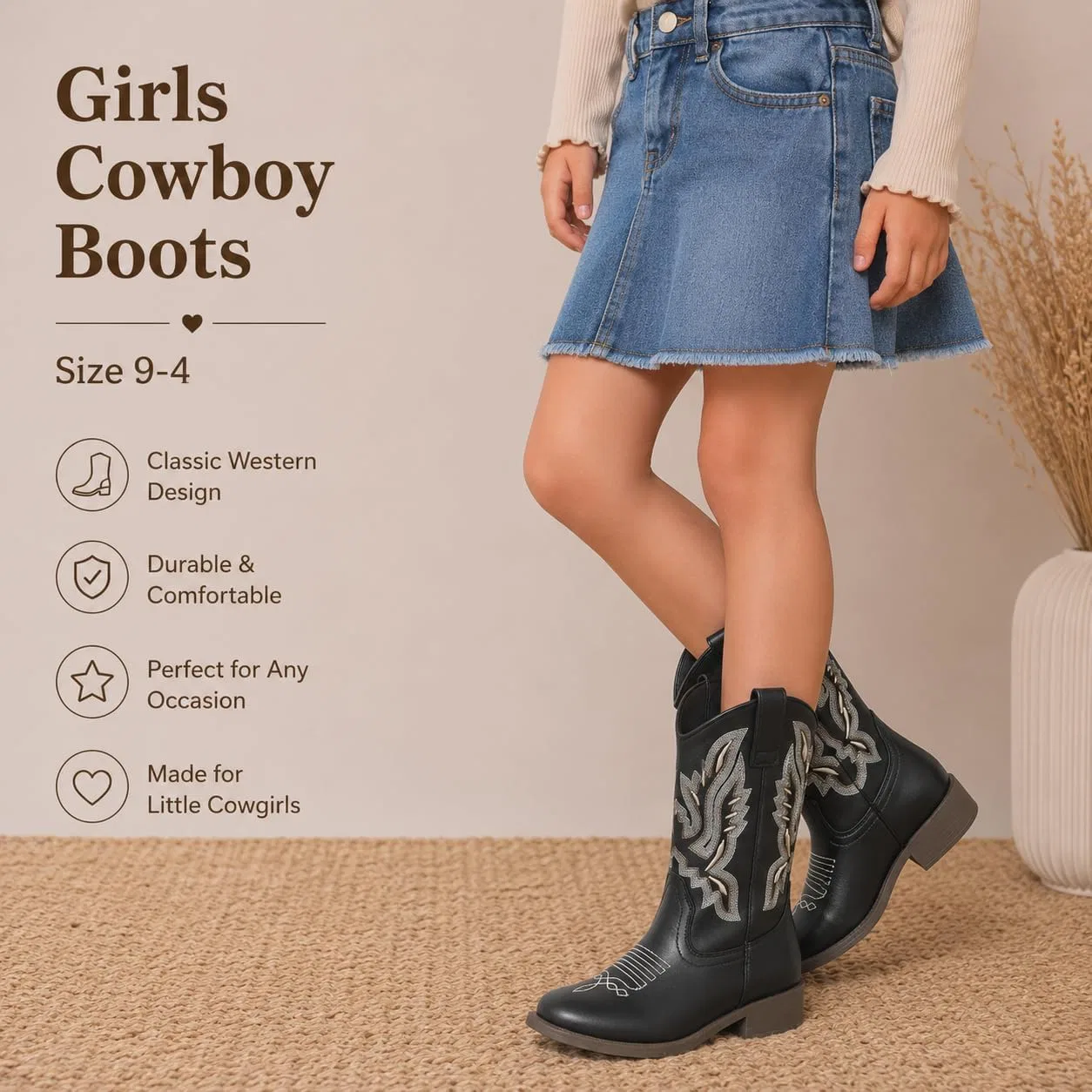 Детские сапоги для девочек с вышивкой Western Forever Link, Black/Beige — фото 2