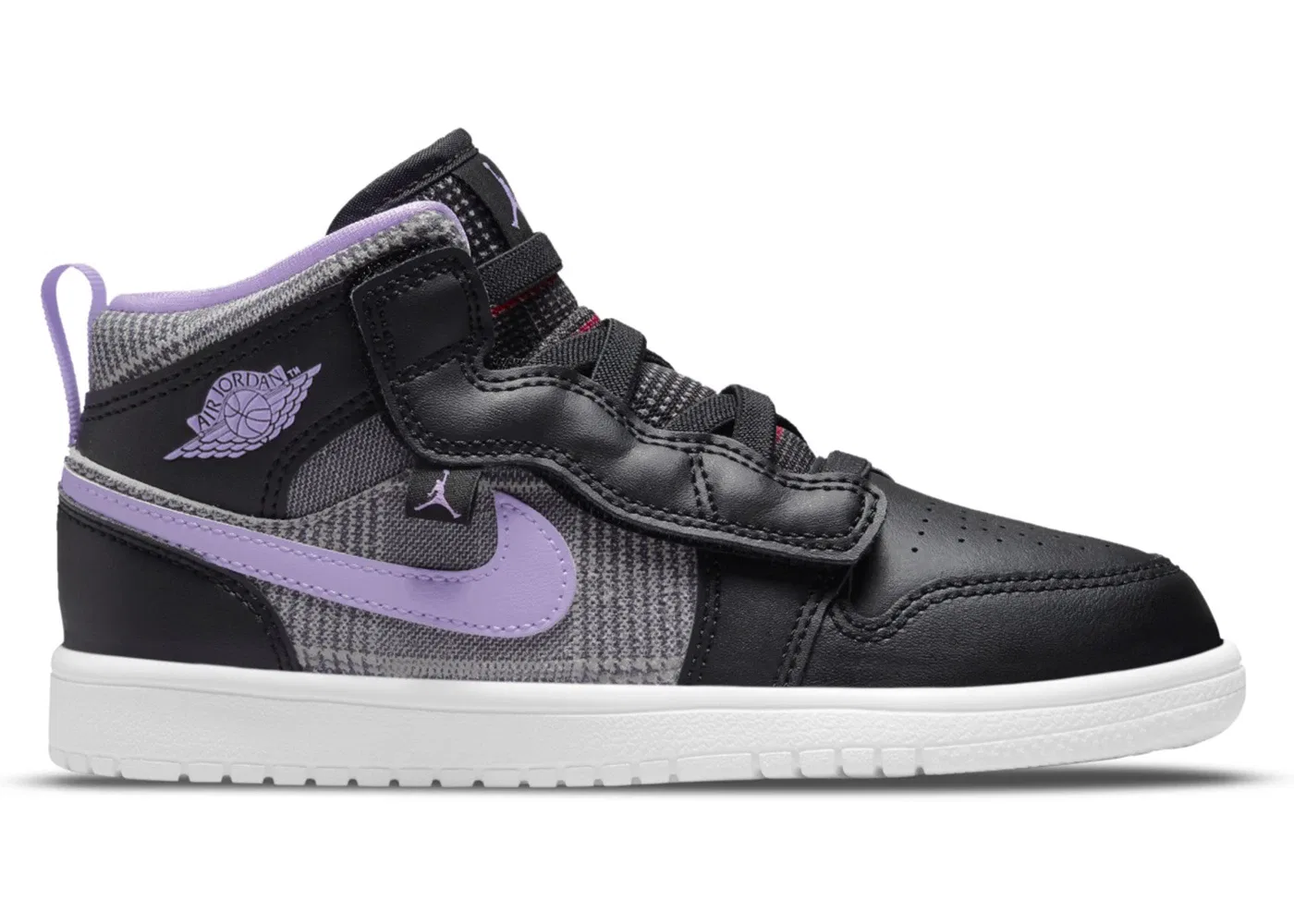 Детские кроссовки Lifestyle с принтом Houndstooth Jordan 1 Mid Alt SE Jordan, Black/Lilac-White-Metallic Silver-Summit White