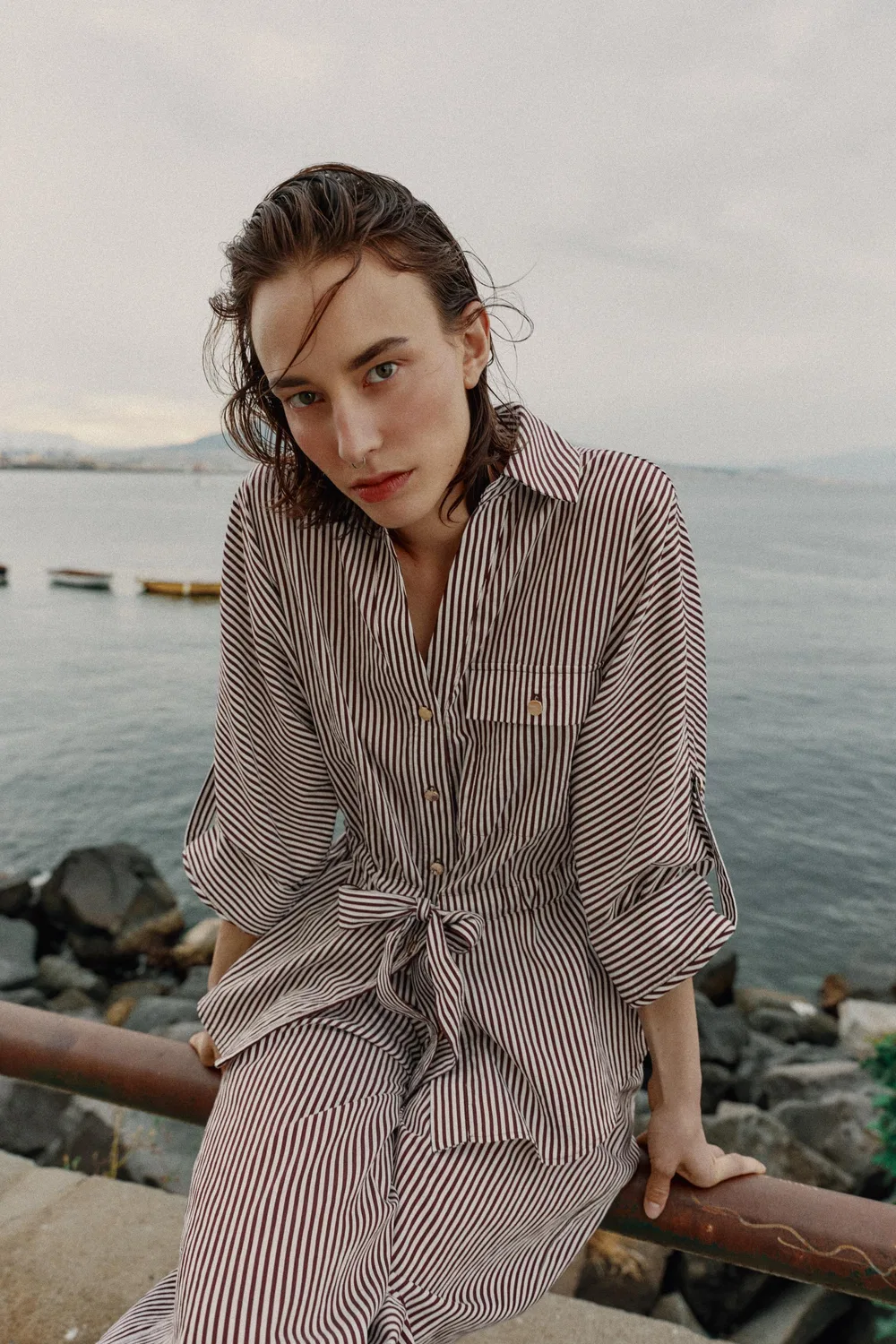 Полосатая рубашка в стиле сафари ZARA, Brown/White