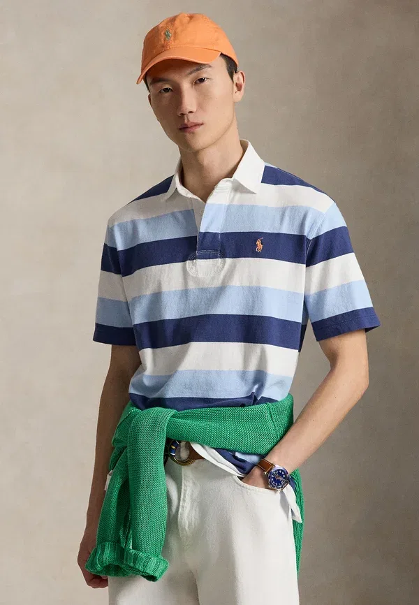 Поло хлопковое Classic fit short-sleeve rugby shirt, Polo Ralph Lauren, Office Blue Multi, синий/мультиколор