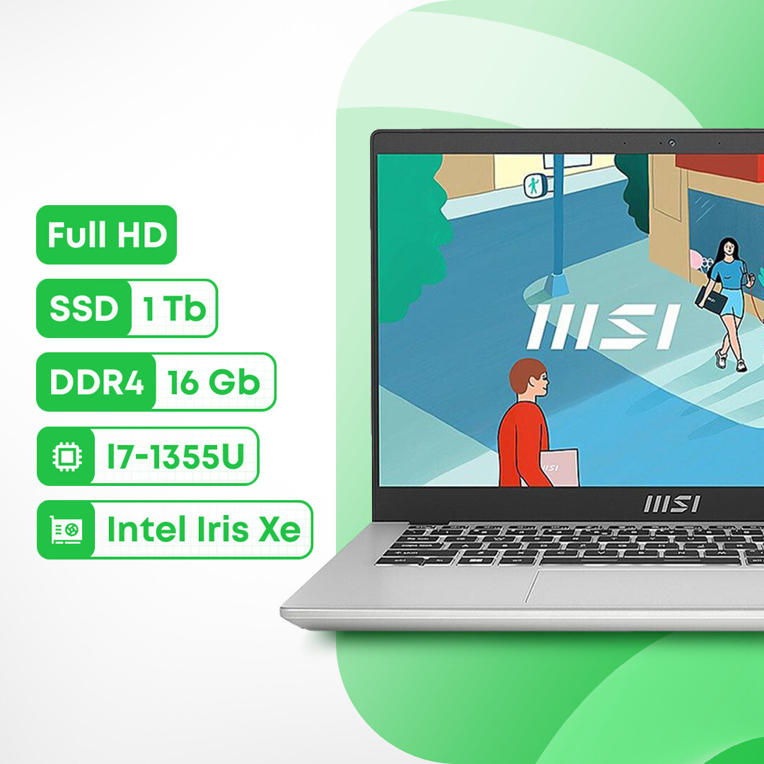 

Ноутбук MSI Modern 14 C13M, 14", 16Гб/1Тб, i7-1355U, Intel Iris Xe, серебристый, английская клавиатура