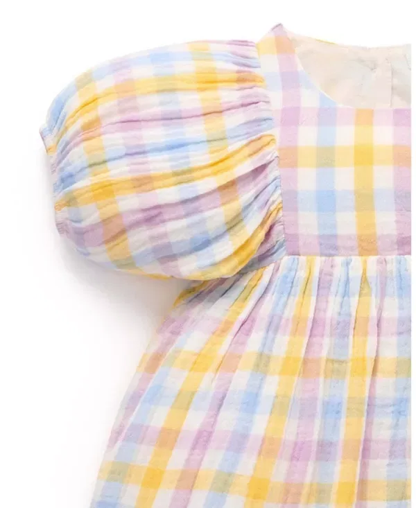 Детское платье для девочек с коротким рукавом Gathered Dress Purebaby, Lila Check — фото 3