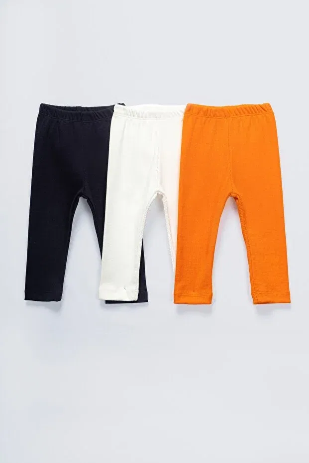Детские леггинсы для девочек хлопковые 3-комплект Lamonde, Navy Blue - White - Orange