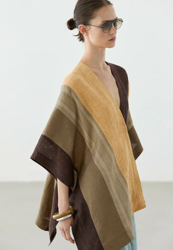 Пальто из льна и вискозы Cape Massimo Dutti, khaki, хаки — фото 2