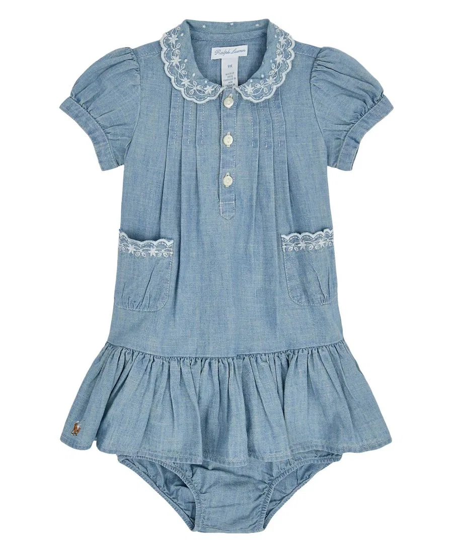 Платье из хлопкового шамбре с вышивкой, с блумерсами Polo Ralph Lauren, New Medium Wash