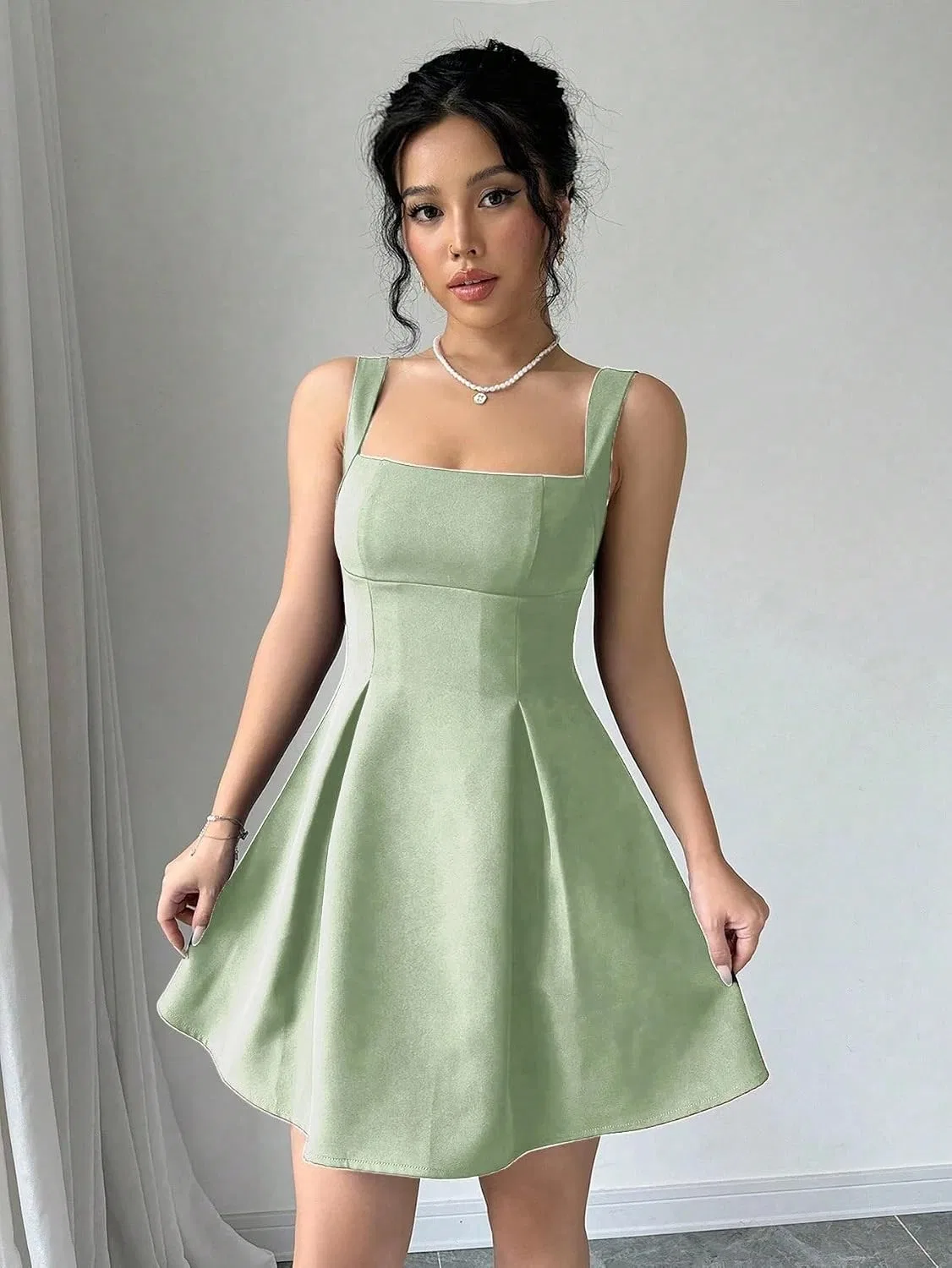 Женское A-силуэта платье-трапеция sleeveless мини, Green — фото 3