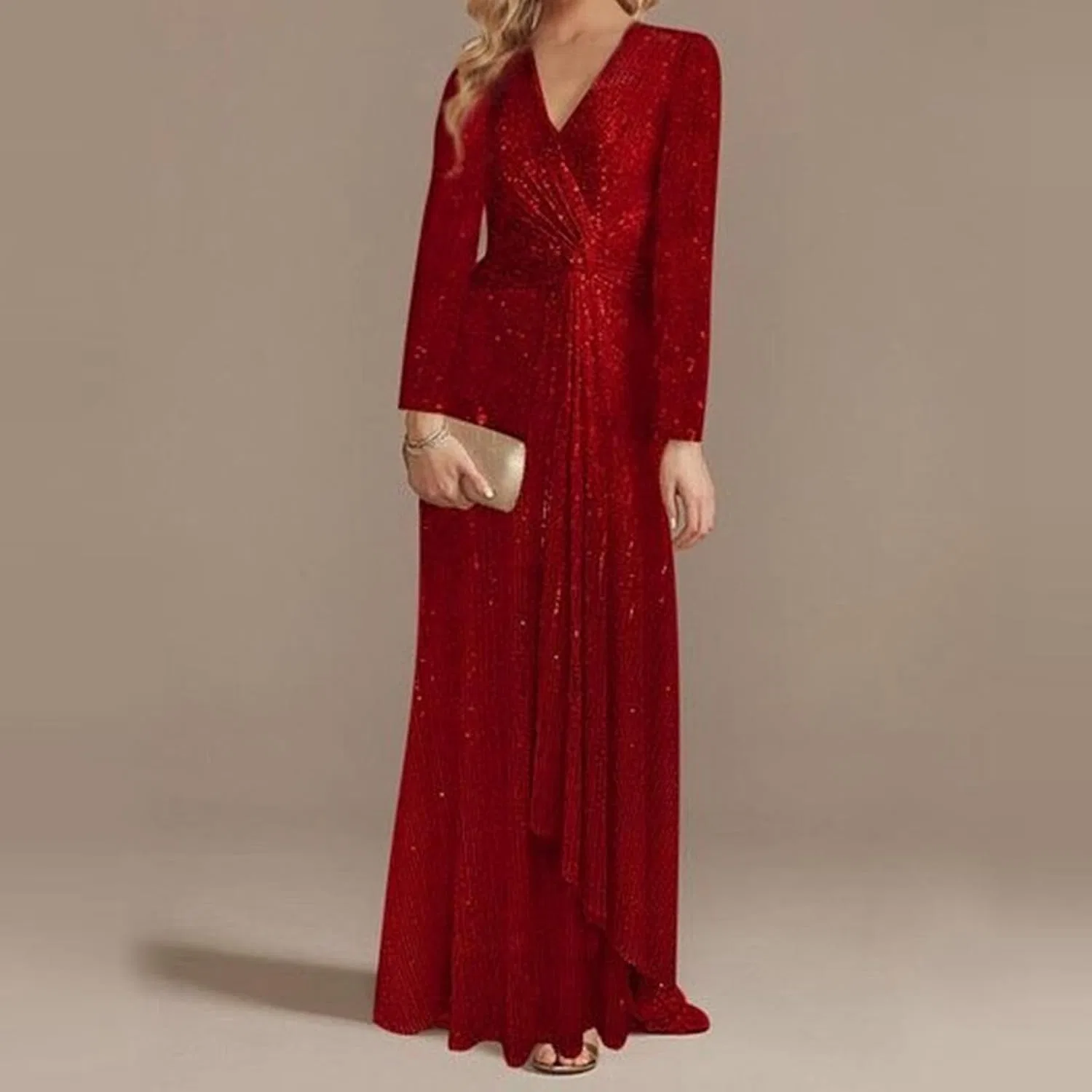Женское вечернее платье с пайетками длинным рукавом Plus Size, Red — фото 3