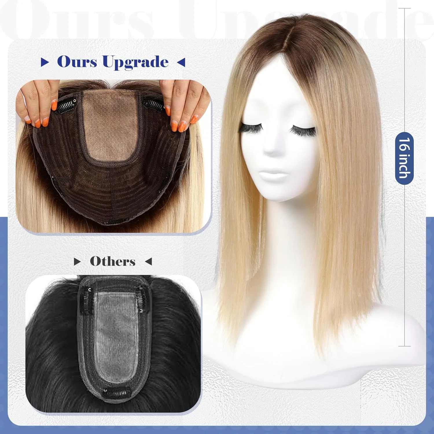 Накладка для волос HAIRCUBE из натуральных волос 40.6 см с большой основой 7x8 дюймов Haircube, Ombre Light Blonde — фото 2