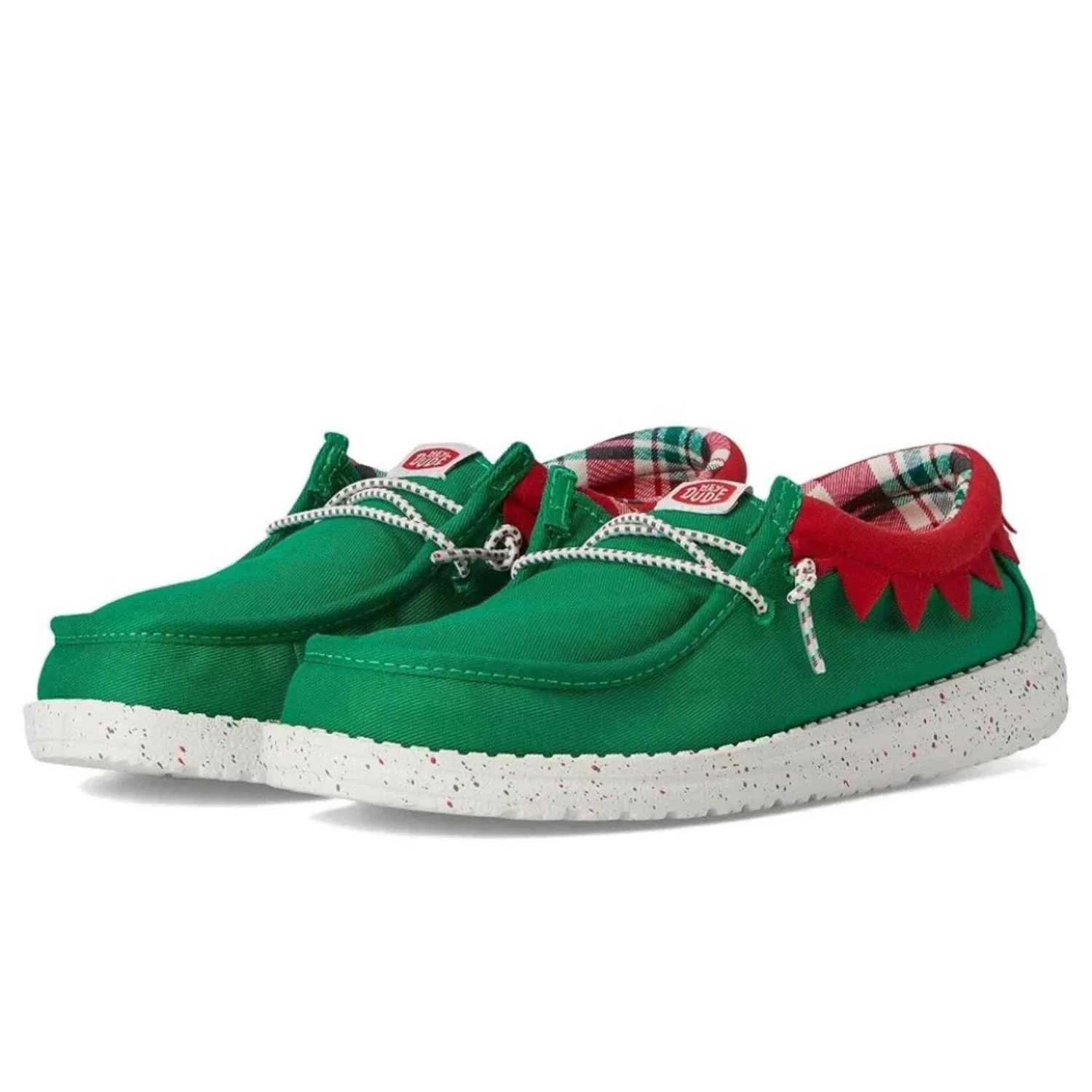Детские мокасины Hey Dude Wally Holiday Elf-3XX C, зеленые с красным носком, KFC695