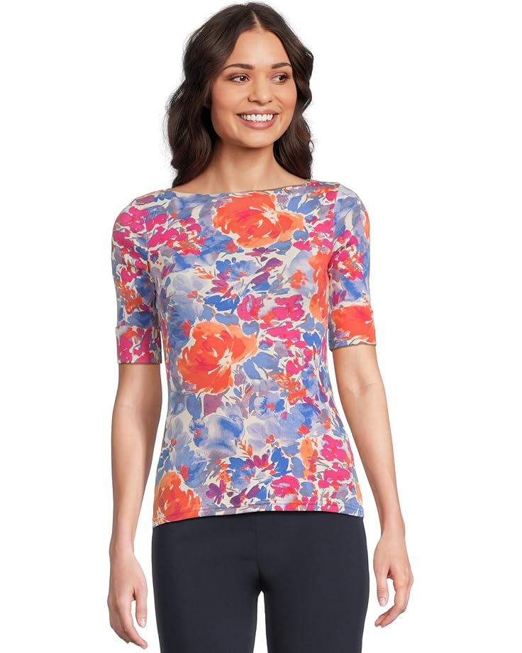 

Футболка Lauren Ralph Lauren Petite Floral Stretch Cotton Boatneck Tee, цвет White Multi