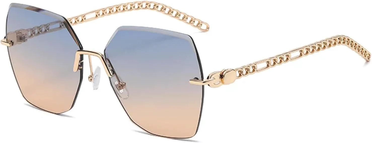 

Женские солнцезащитные очки без оправы с цепочкой, роскошные, без оправы, модные, большие, винтажные, с защитой от УФ-излучения UV400 TKKTLLT, Blue Brown