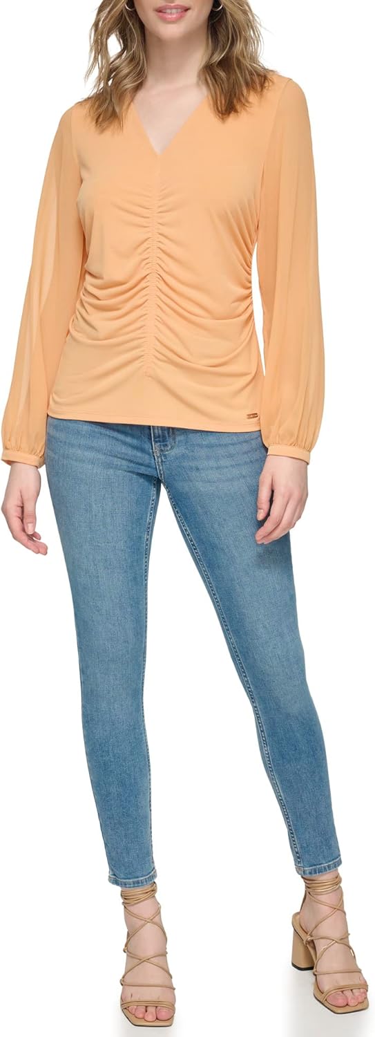 

Женский трикотажный джемпер Calvin Klein с длинным рукавом и сборкой спереди, Cantaloupe