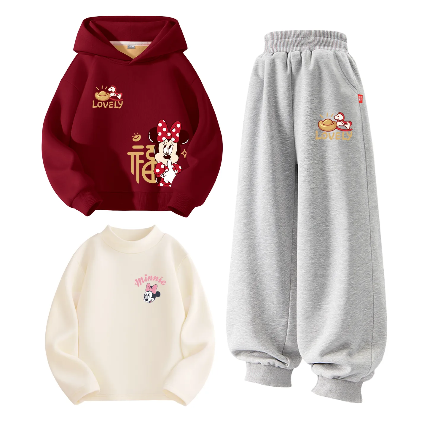 Детская повседневная худи с капюшоном Disney, [Thickened and Fleece-Lined Three-Piece Set]Delorfo Pony K Burgundy+Delorfo Pony K Black+Delorfo Pony K Milk White — фото 3
