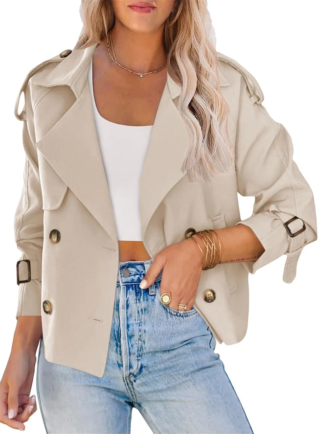 Женское укороченное пальто-тренч с длинным рукавом, Beige
