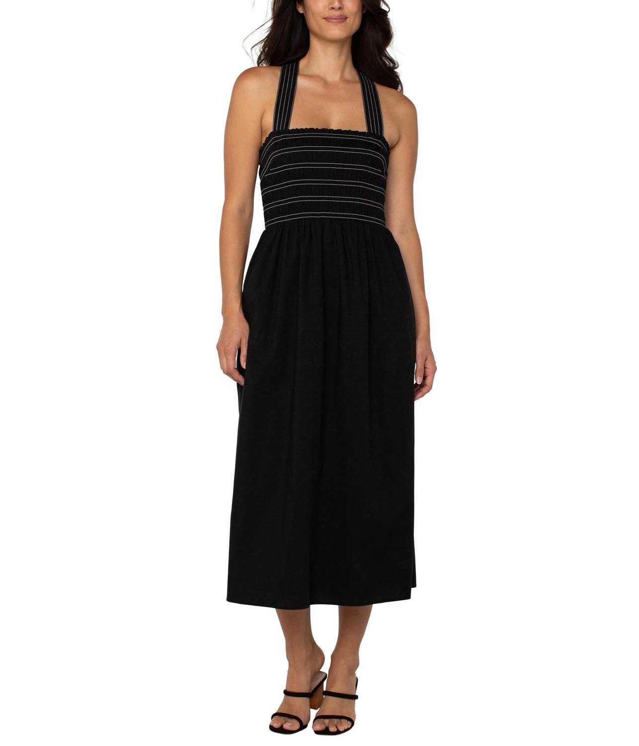 

Платье Liverpool Los Angeles Sleeveless Smocked Woven Midi Dress With Trapunto Straps, черный