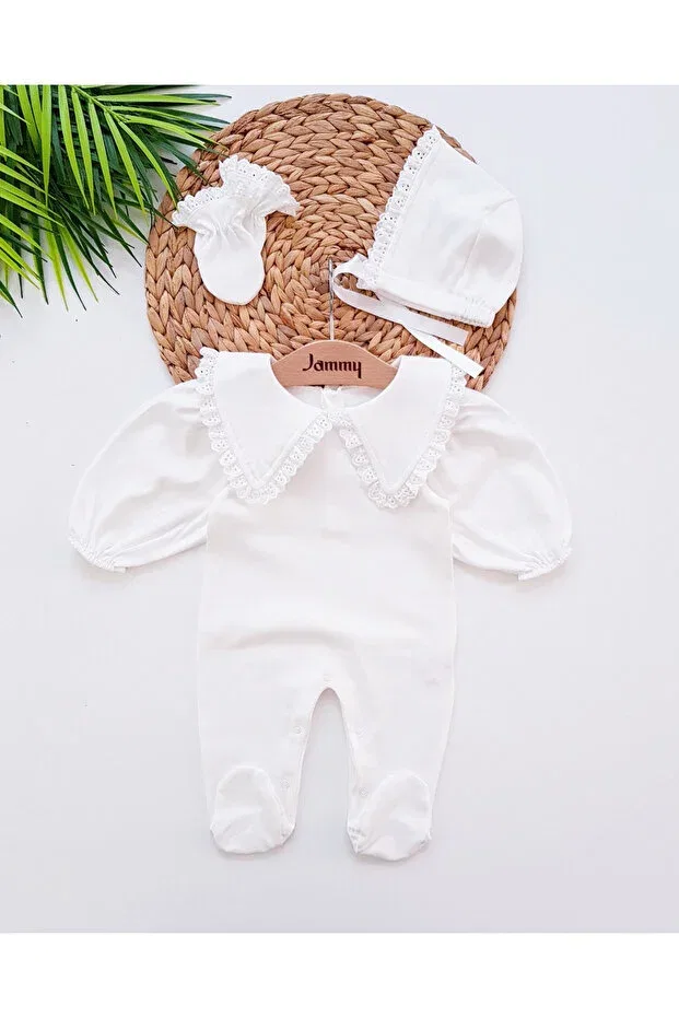 Детский комбинезон для новорожденных с кружевом Triangle Collar Scallop Lace Jammybaby, White — фото 3
