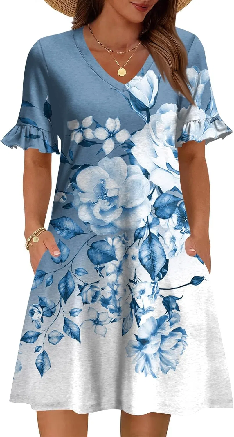Женское летнее платье с рюшами A-line, Blue