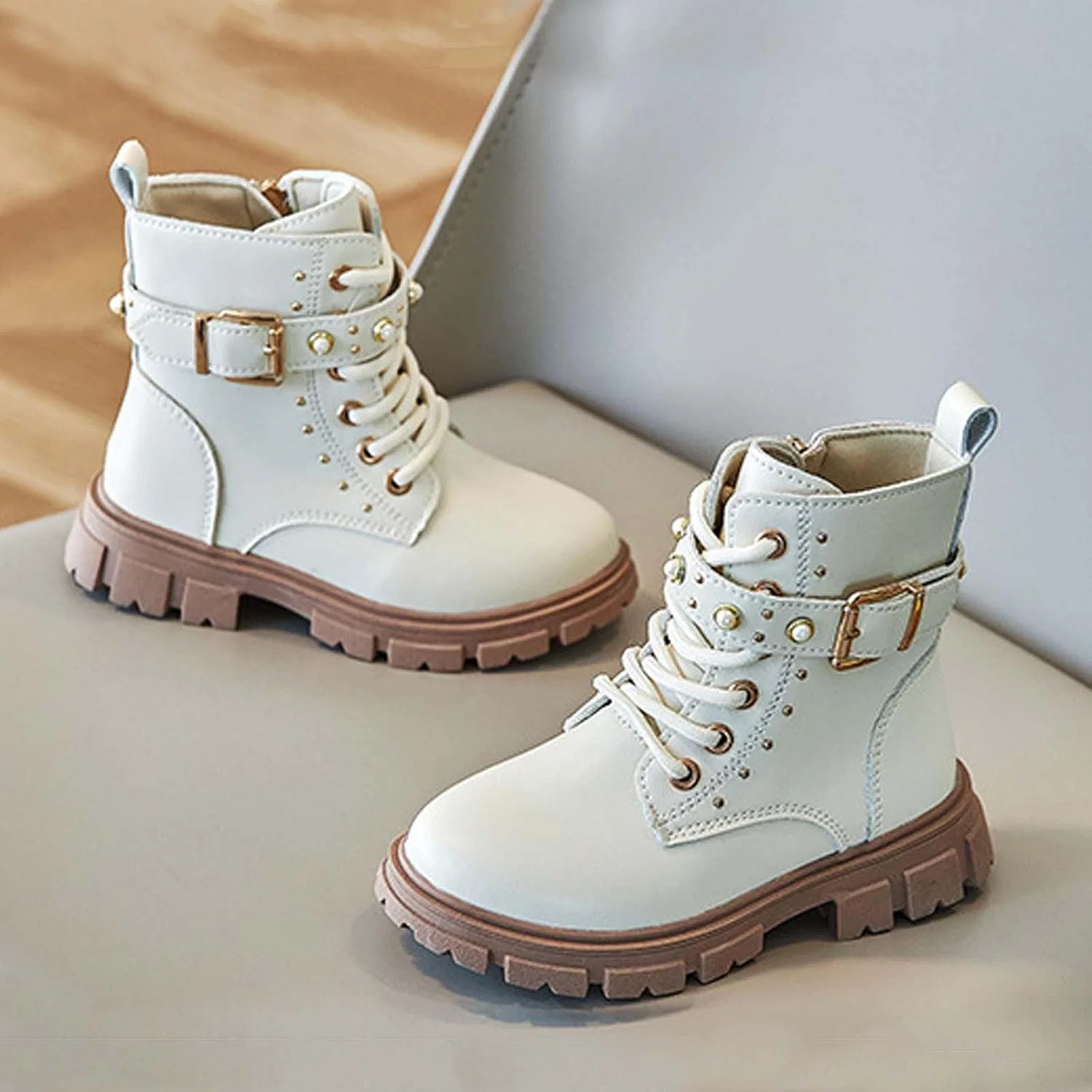 Детские ботинки для девочек на шнуровке с молнией SHOPESSA, Beige — фото 3