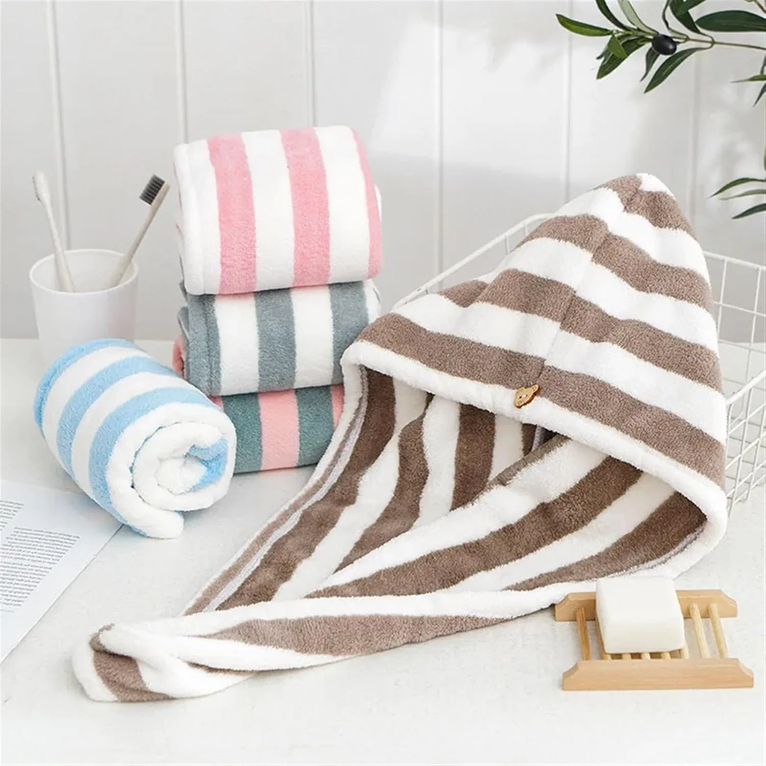 Турбан для сушки волос из кораллового флиса, AYWTIUN, 1 шт, 65x25 см, Pink — фото 4