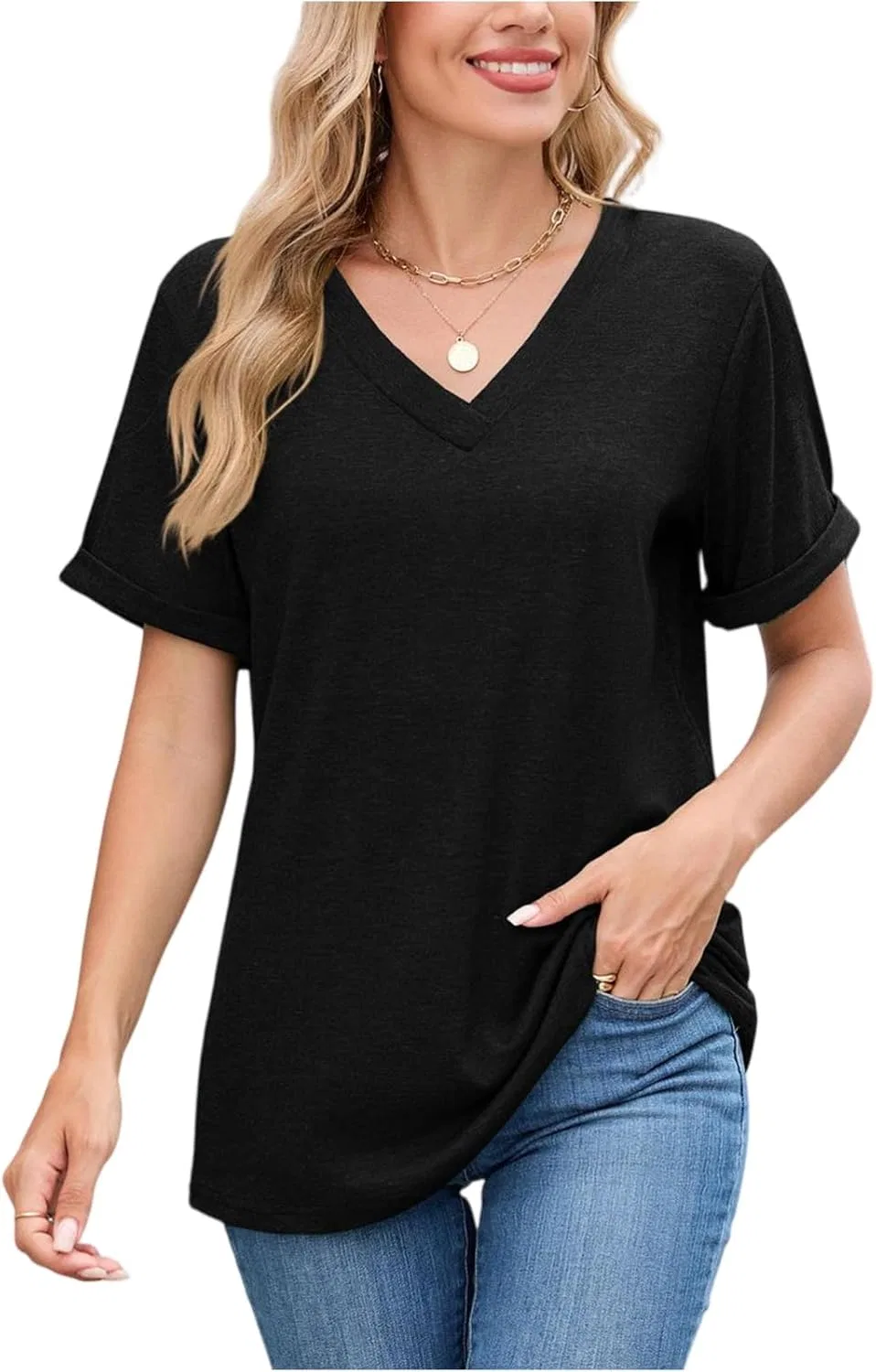 Женская футболка с V-образным вырезом и коротким рукавом Loose Fit, Black