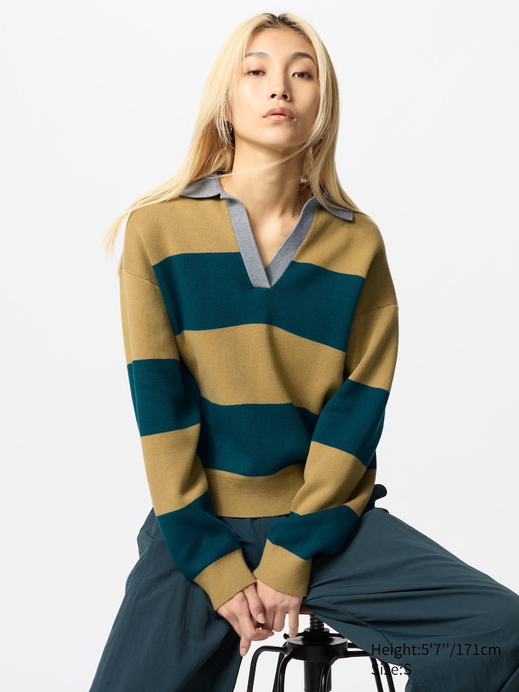 

Свободный джемпер-поло из гладкого хлопка в полоску Uniqlo, цвет 46 желтый