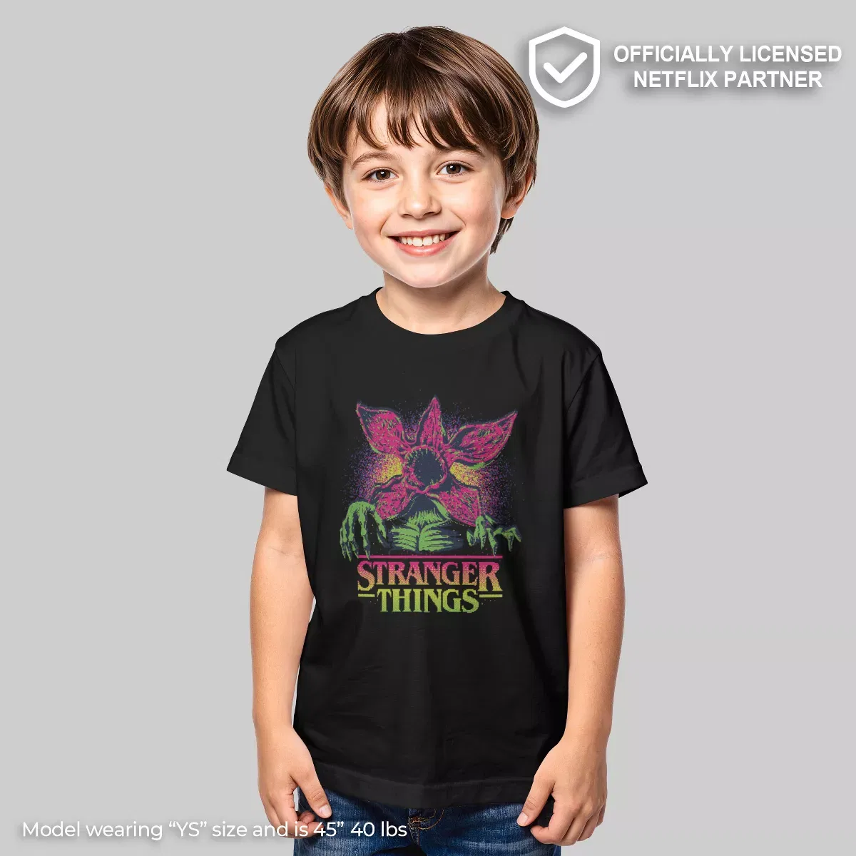 Детская футболка с принтом Stranger Things Demogorgon Neon Pixel Logo, Stranger Things, Black — фото 2