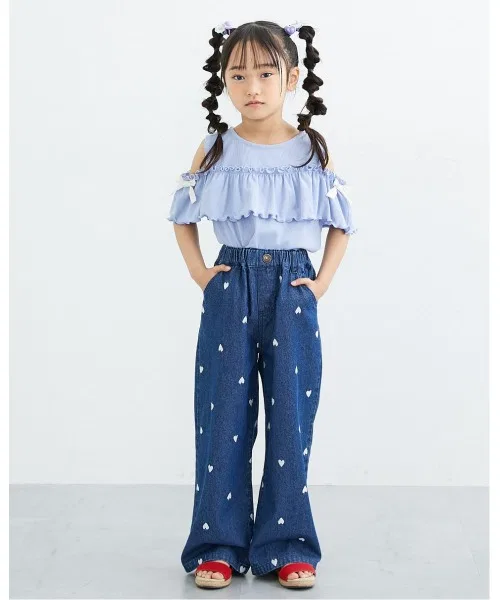 Детские джинсовые широкие штаны с вышивкой сердца QUNTSTYLE, Navy — фото 3