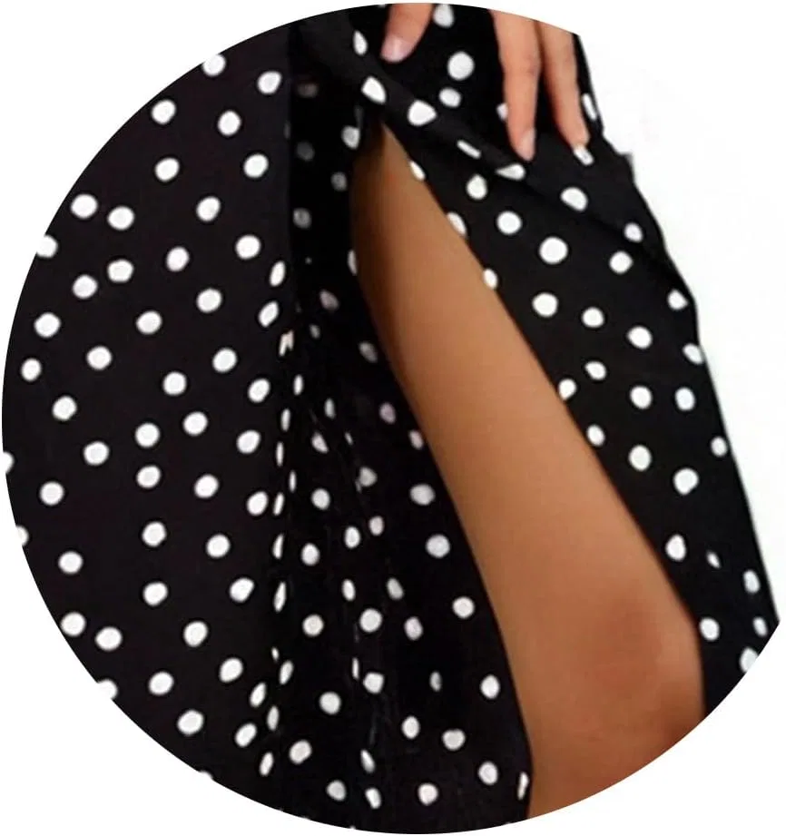 Женское летнее платье макси с V-образным вырезом, гороховым принтом Polka Dot Print, Black — фото 3
