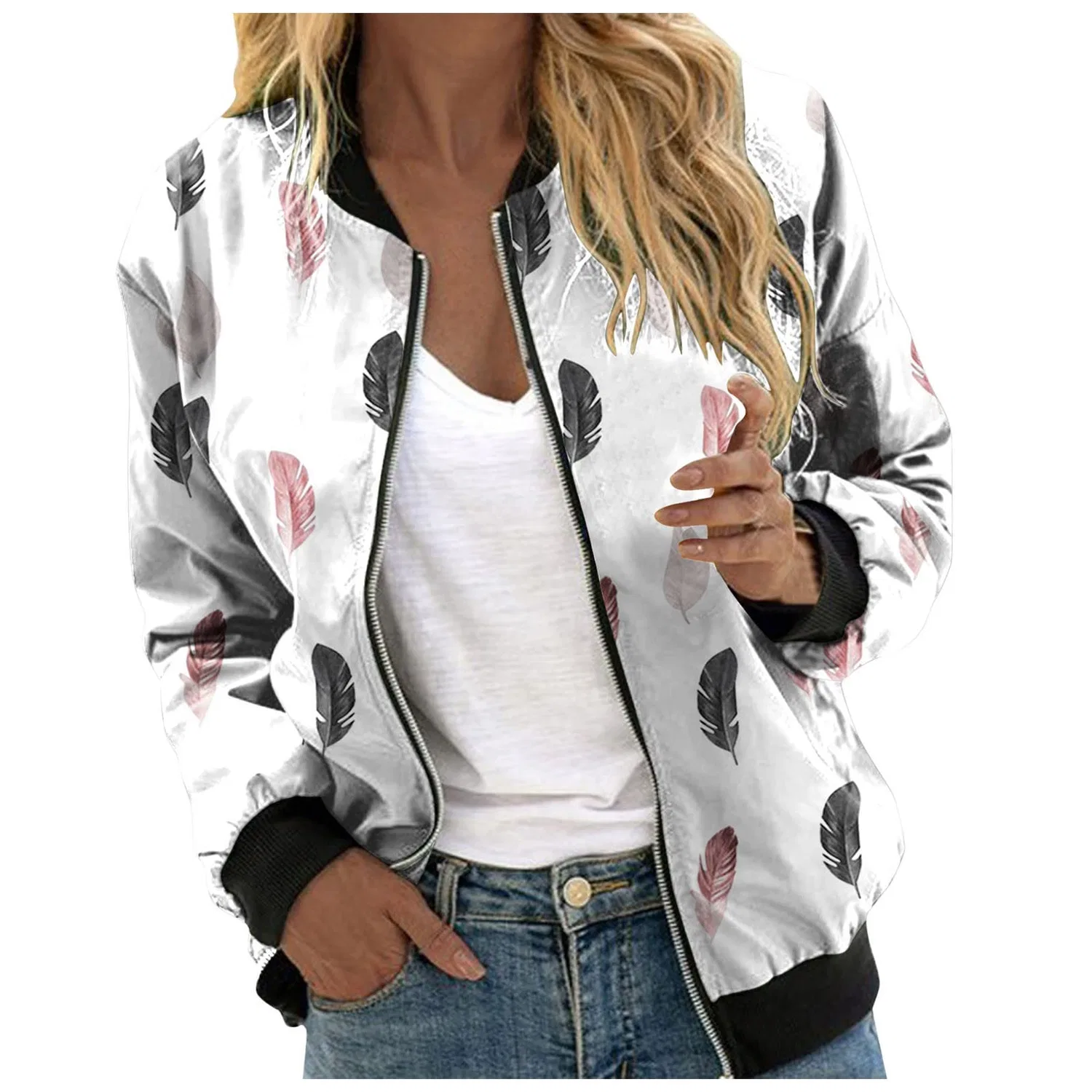 Женская куртка с цветочным принтом Casual Jackets Women Everyday Jacket, Bianco