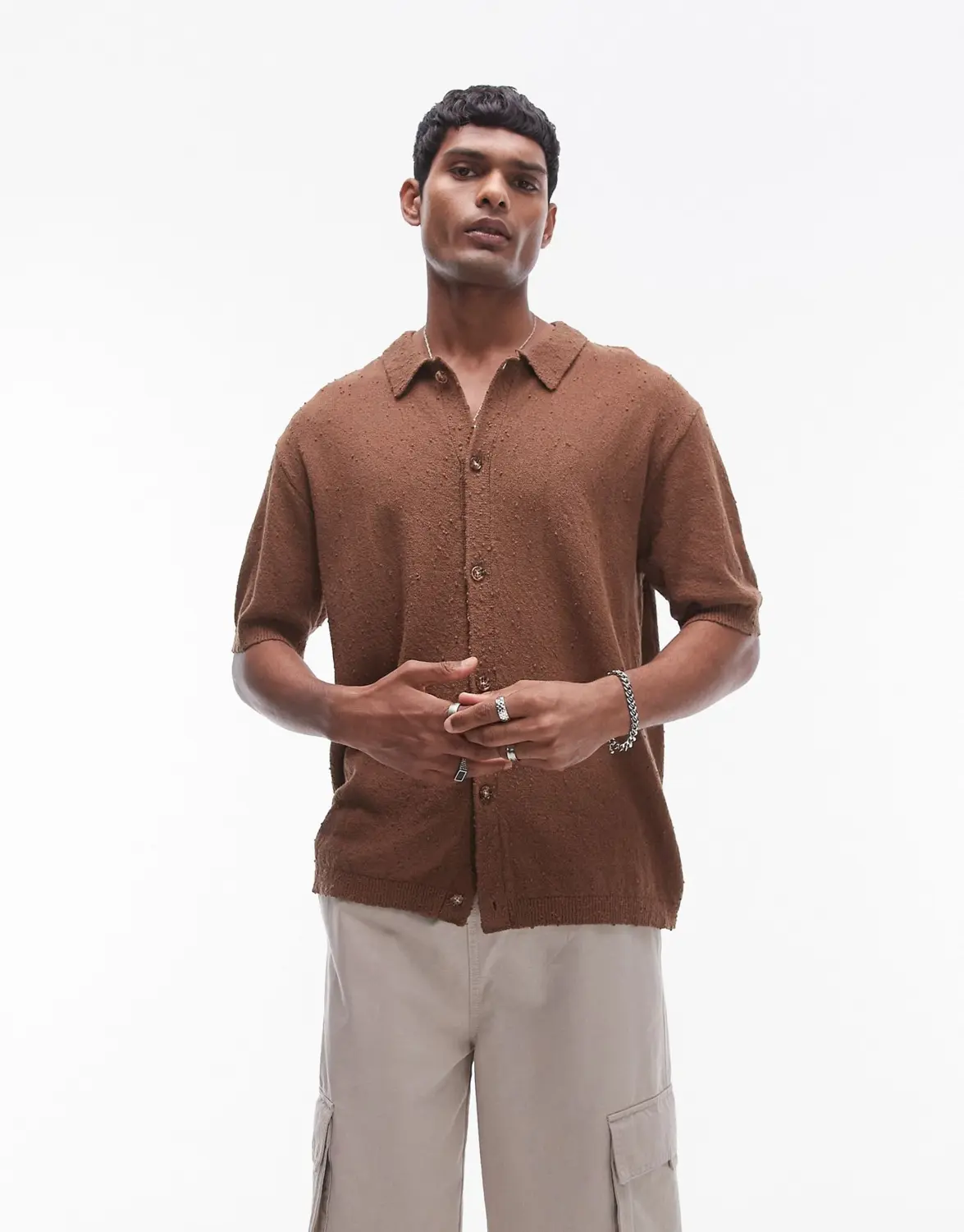 

Рубашка Topman Relaxed Fit Knitted Textured Button Through, коричневый