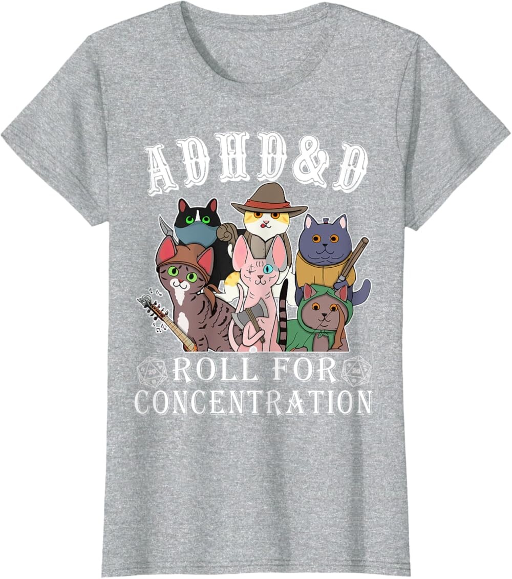 

Женская футболка Funny Tees Gamer RPG Apparel Cats RPG Gamer Roll For Concentration D20 Dice Nerdy, серый