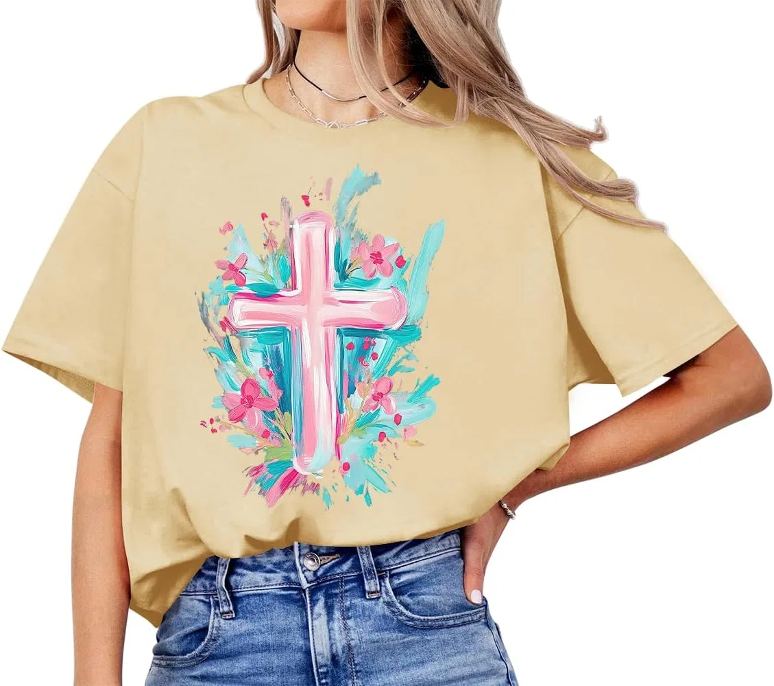Женская футболка с принтом Easter Cross с цветами, Khaki