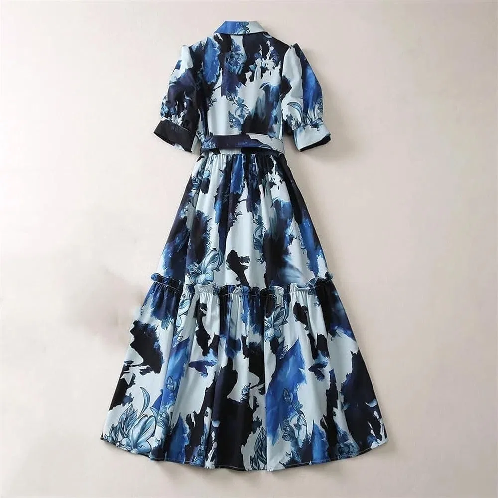 Женское платье с принтом Puff Sleeve Print Lapel Vintage Midi Casual Lace Up Slim Fit Vestido Summer Vacation Dress, синий — фото 3