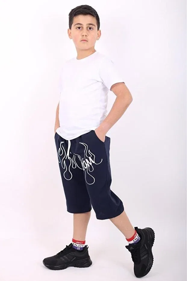 Детский комплект шорт и футболки для мальчиков с принтом Plain Basic T-Shirt And Boom Printed Capri Bottom-Top Set Çiggo Kids, White-Blue