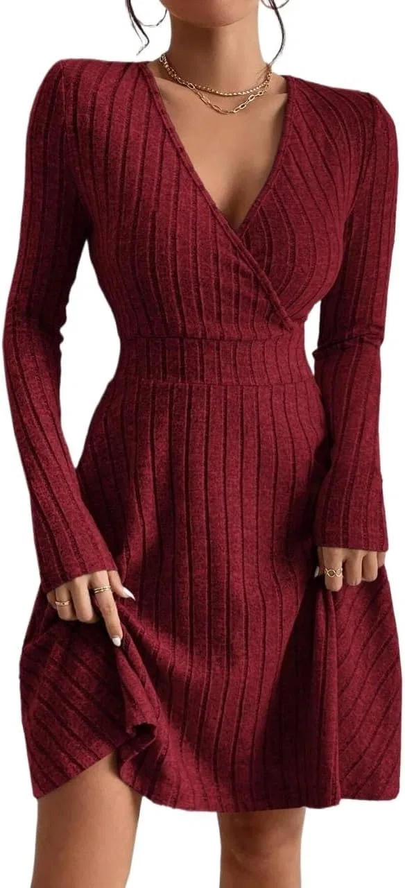 Женское платье A-line с глубоким V-вырезом Rib-Knit, Burgundy