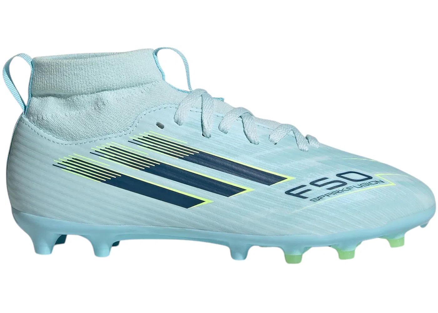 Детские бутсы для игр на натуральном и искусственном газоне F50 Sparkfusion League Mid Cut FG/AG Adidas, Almost Blue Dusky Petrol Hi-Res Yellow