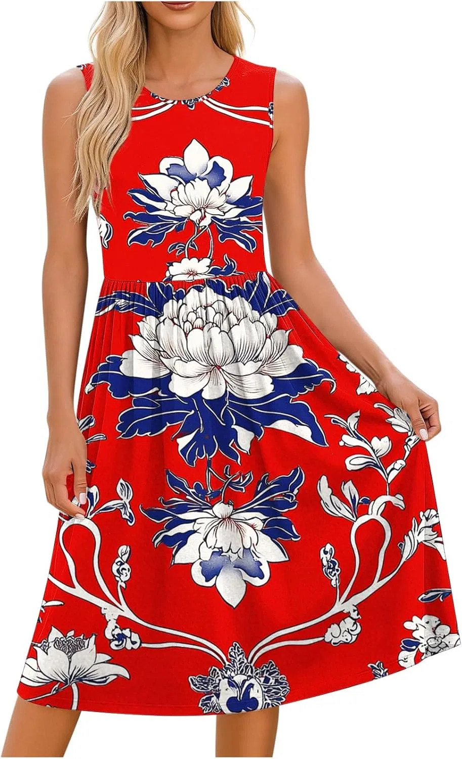 Женское летнее миди-платье с карманами, Aline Flowy Vacation Beach Sundress, Red