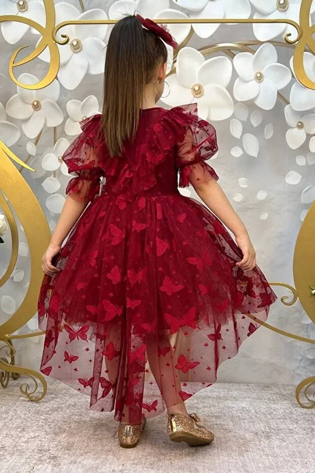 Детское вечернее платье для девочек с принтом Butterfly patterned tailed children's evening dress Abiyekids, Burgundy — фото 2