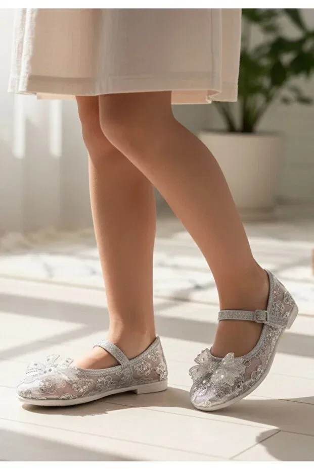 Детские балетки для девочек с ортопедической стелькой Jojo Kids, Silver Mesh