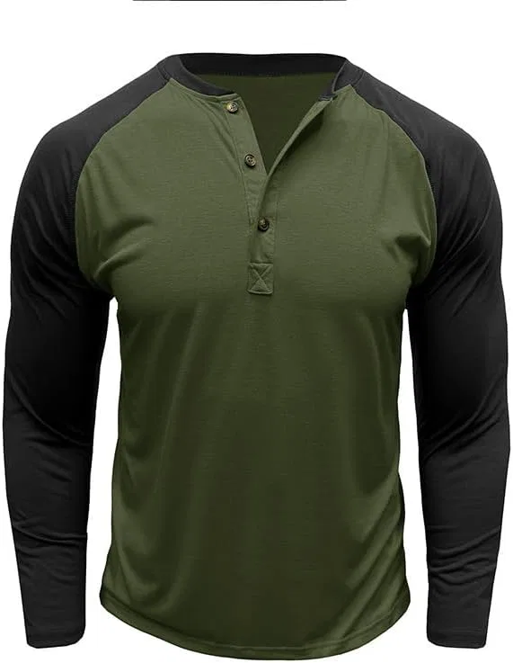 Мужская футболка с длинным рукавом реглан Henley, Army Green — фото 3