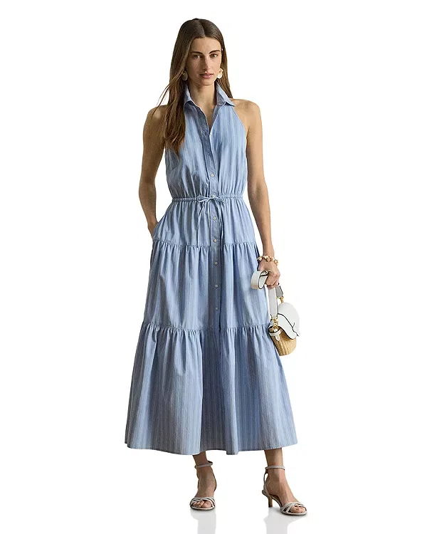 Женское платье-рубашка с полосками из хлопка A-силуэта Ralph Lauren, Blue/White
