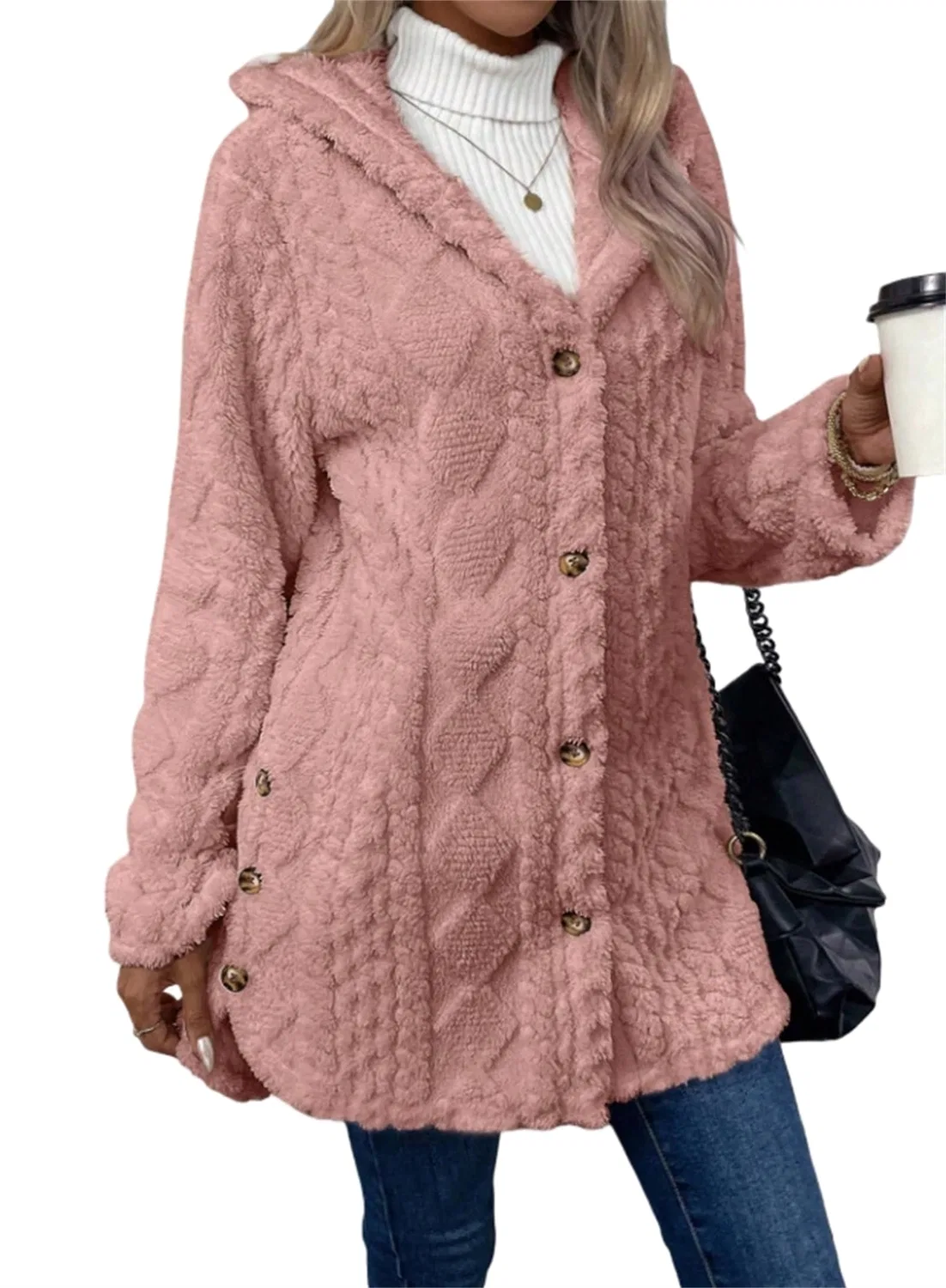 Женское пальто с капюшоном жаккардовое, rosa