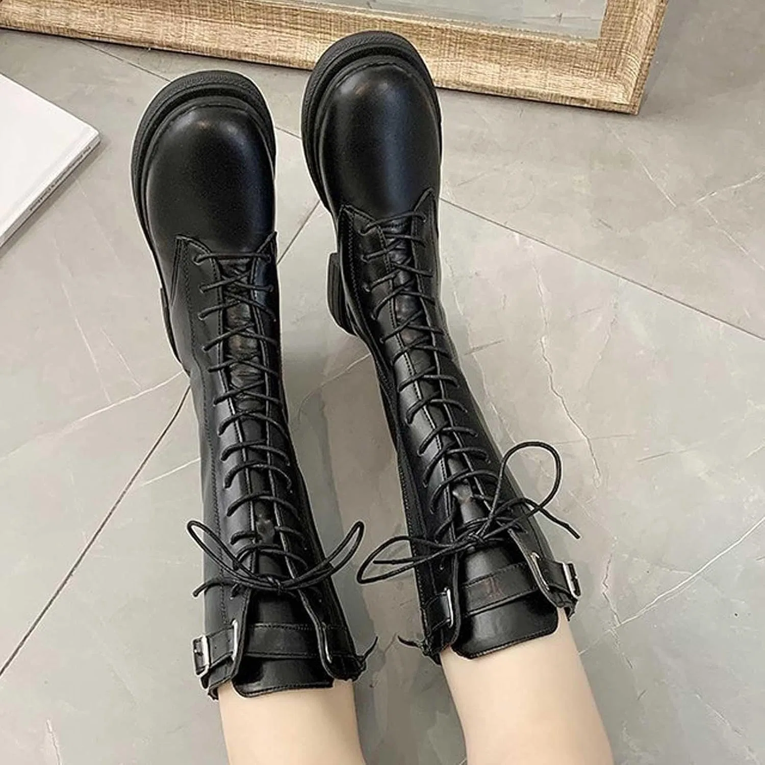 Детские сапоги для девочек с принтом, модель Girls Mid Calf Boots Fashion Tall Booties Non Slip Chunky Sole Wide Side Zipper Fall Shoes for Kids Girls, Black — фото 3
