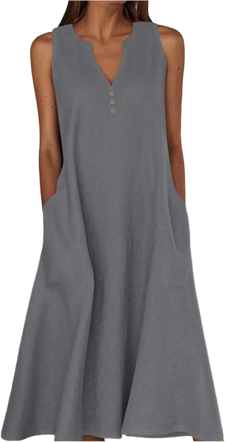 Женское летнее свободное платье макси V-образным вырезом, Dark Gray