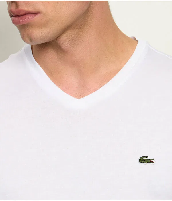 Футболка мужская Lacoste Base, хлопковая, V-образный вырез, белый — фото 4